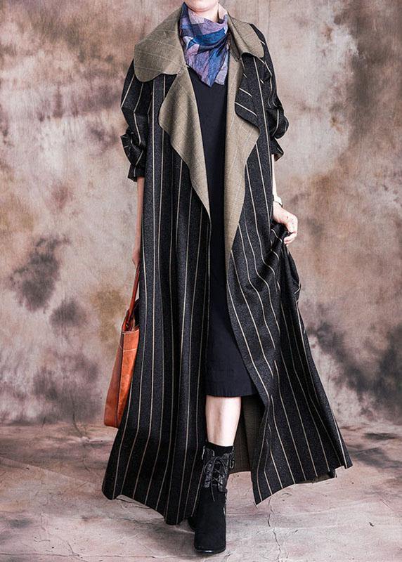 Long Fall Coat Black Striped Notched Large Hem Wool Overcoat