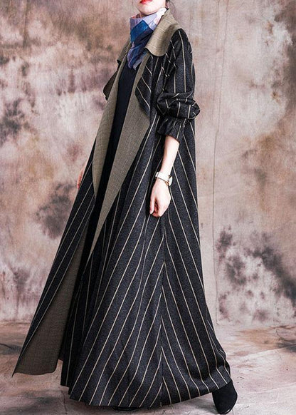 Long Fall Coat Black Striped Notched Large Hem Wool Overcoat