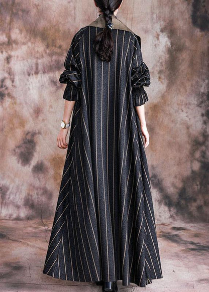Long Fall Coat Black Striped Notched Large Hem Wool Overcoat