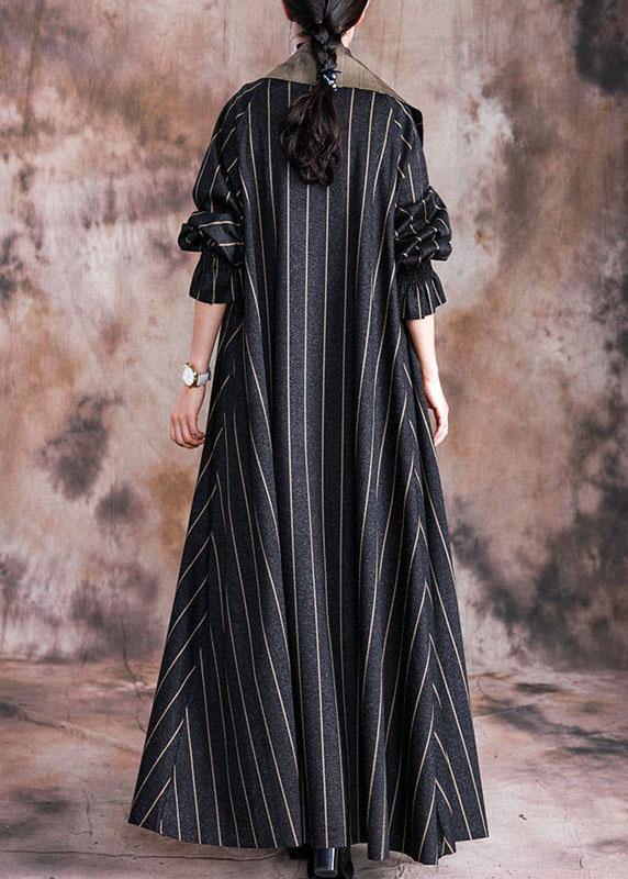 Long Fall Coat Black Striped Notched Large Hem Wool Overcoat