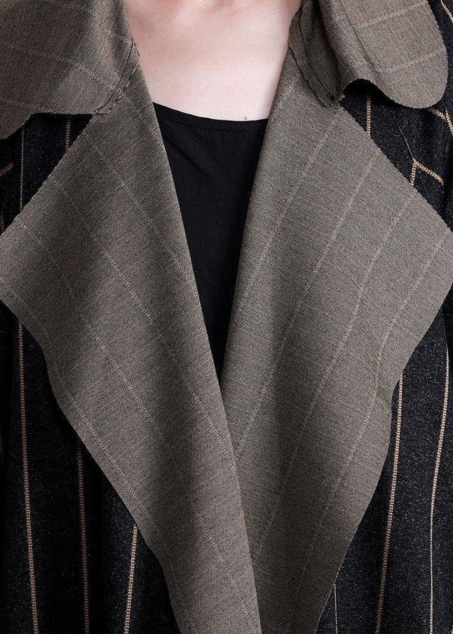 Long Fall Coat Black Striped Notched Large Hem Wool Overcoat