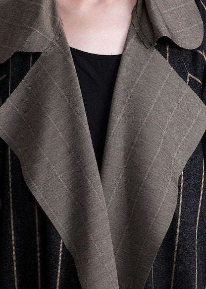 Long Fall Coat Black Striped Notched Large Hem Wool Overcoat