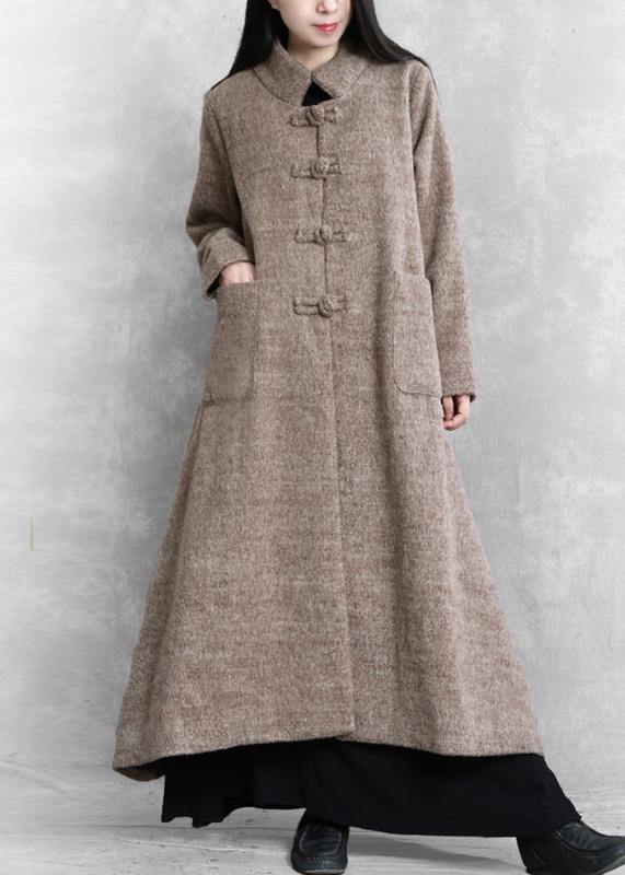 Long Jackets Coats Khaki Stand Collar Large Hem Woolen Coats