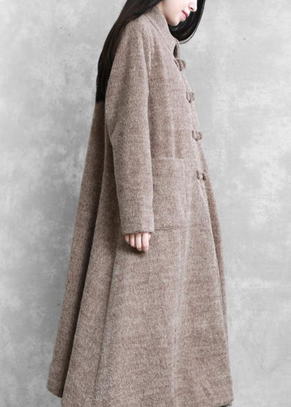Long Jackets Coats Khaki Stand Collar Large Hem Woolen Coats