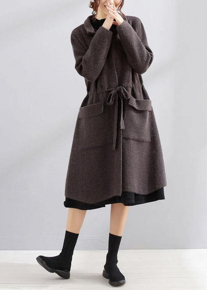 Maxi Coat Dark Gray Square Collar Tie Waist Jackets