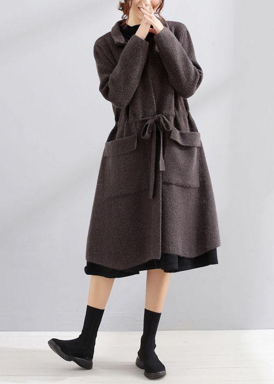 Maxi Coat Dark Gray Square Collar Tie Waist Jackets