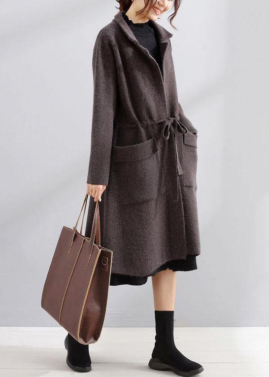 Maxi Coat Dark Gray Square Collar Tie Waist Jackets