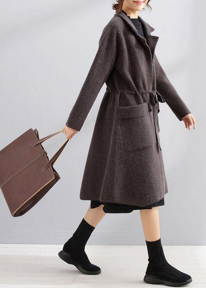 Maxi Coat Dark Gray Square Collar Tie Waist Jackets
