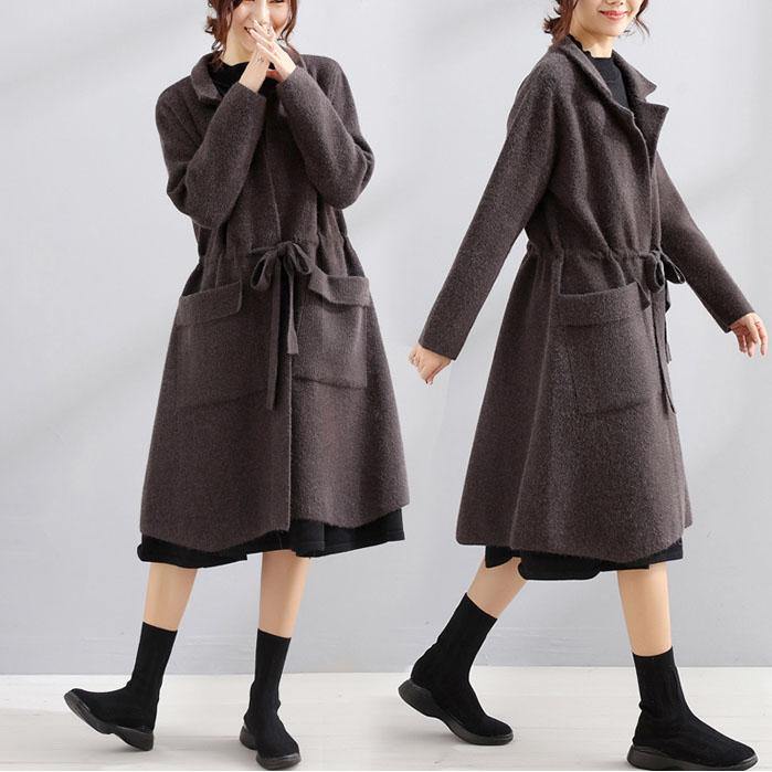 Maxi Coat Dark Gray Square Collar Tie Waist Jackets