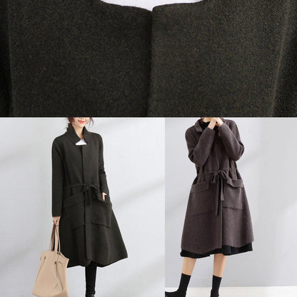 Maxi Coat Dark Gray Square Collar Tie Waist Jackets