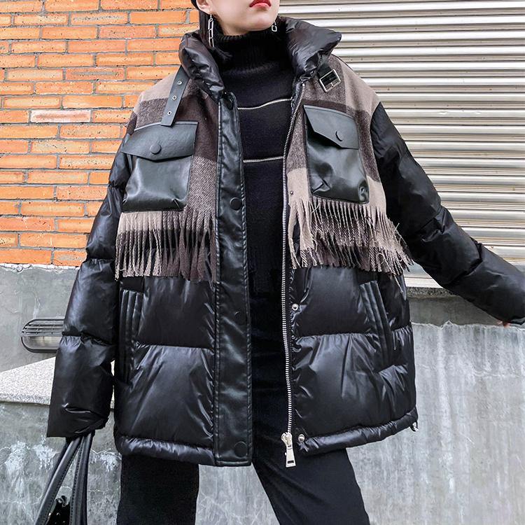 Snow Jackets Winter Coats Black Patchwork Plaid Lapel Coat