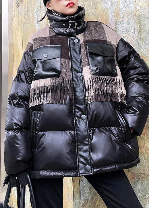 Snow Jackets Winter Coats Black Patchwork Plaid Lapel Coat
