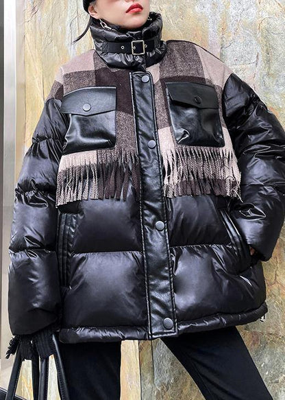 Snow Jackets Winter Coats Black Patchwork Plaid Lapel Coat