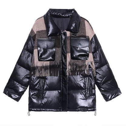 Snow Jackets Winter Coats Black Patchwork Plaid Lapel Coat