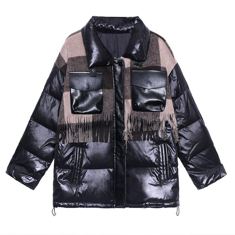 Snow Jackets Winter Coats Black Patchwork Plaid Lapel Coat