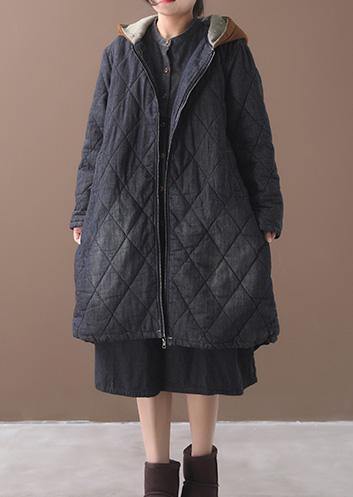 Warm Winter Coat Hooded Winter Outwear Black Embroidery Outfit