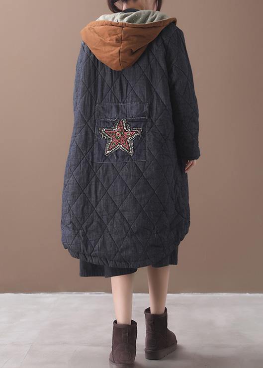 Warm Winter Coat Hooded Winter Outwear Black Embroidery Outfit