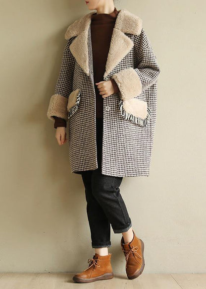 Winter Coat Patchwork Jacket Plaid Two Pockets Woolen Coats