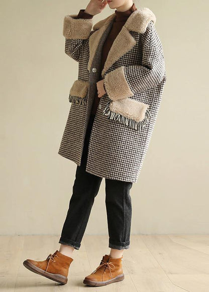 Winter Coat Patchwork Jacket Plaid Two Pockets Woolen Coats