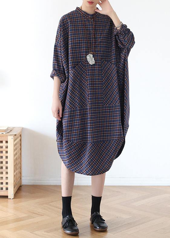 Pockets Fall Clothes Blue Purple Plaid Loose Dresses