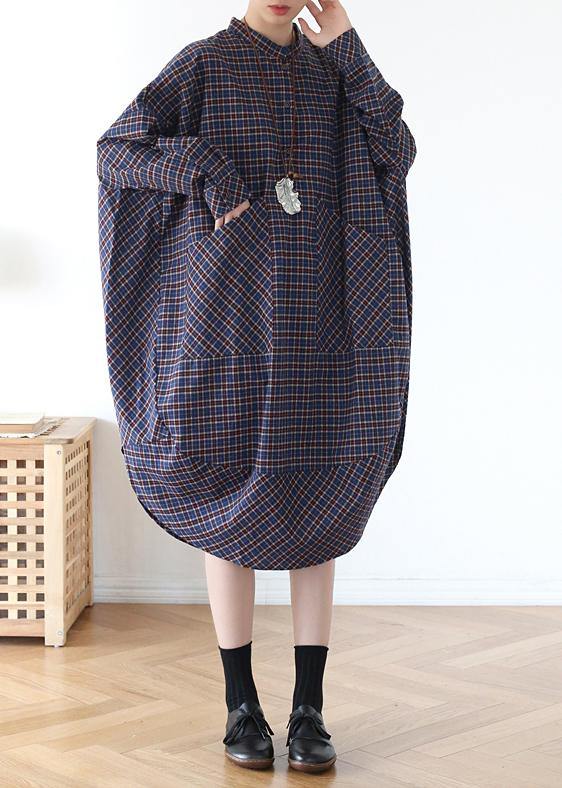 Pockets Fall Clothes Blue Purple Plaid Loose Dresses