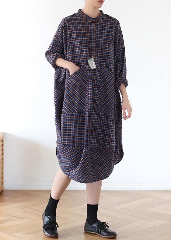 Pockets Fall Clothes Blue Purple Plaid Loose Dresses