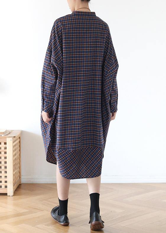 Pockets Fall Clothes Blue Purple Plaid Loose Dresses