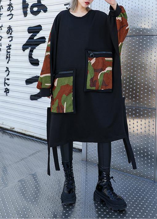 Pockets Side Open Cotton Dresses Shirts Black Patchwork Camouflage Dresses