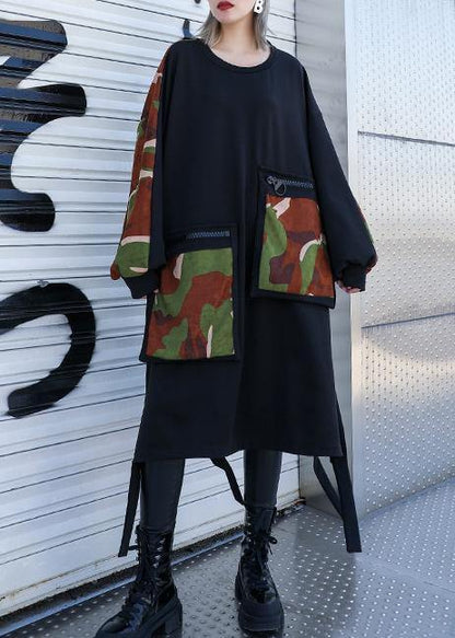 Pockets Side Open Cotton Dresses Shirts Black Patchwork Camouflage Dresses