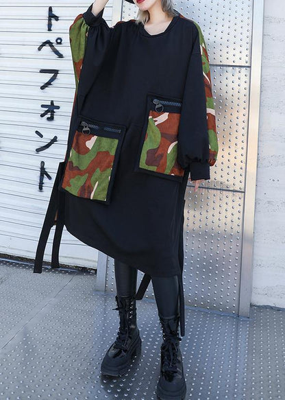 Pockets Side Open Cotton Dresses Shirts Black Patchwork Camouflage Dresses
