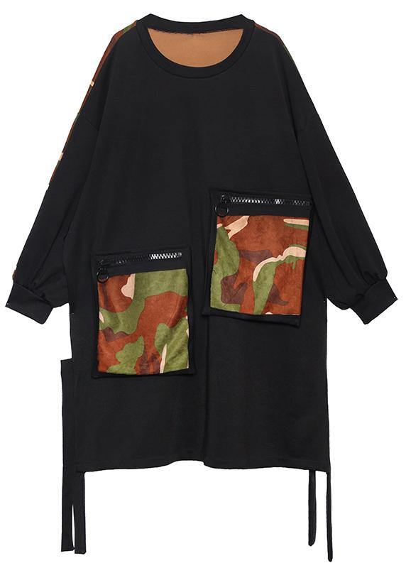 Pockets Side Open Cotton Dresses Shirts Black Patchwork Camouflage Dresses
