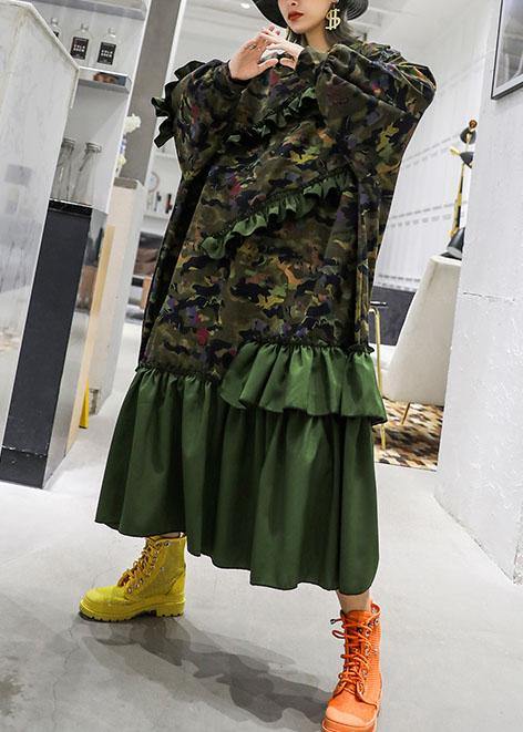 Prints Patchwork Cotton Dresses Ruffles Cotton Robes Fall Dress