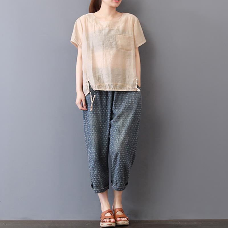 Pure Cotton Blended Tops Short Sleeve Color High-low Hem Blouse