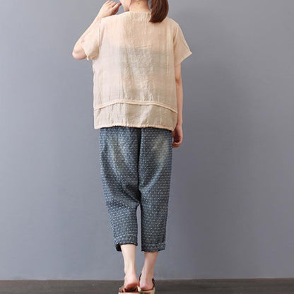 Pure Cotton Blended Tops Short Sleeve Color High-low Hem Blouse