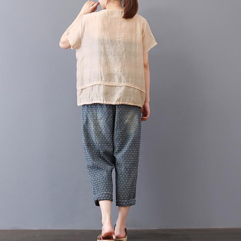 Pure Cotton Blended Tops Short Sleeve Color High-low Hem Blouse