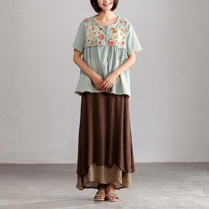 Pure Cotton Blouse Embroidery Summer Short Sleeve Loose Denim Tops