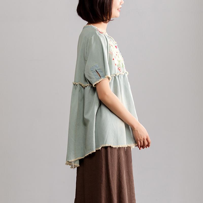 Pure Cotton Blouse Embroidery Summer Short Sleeve Loose Denim Tops
