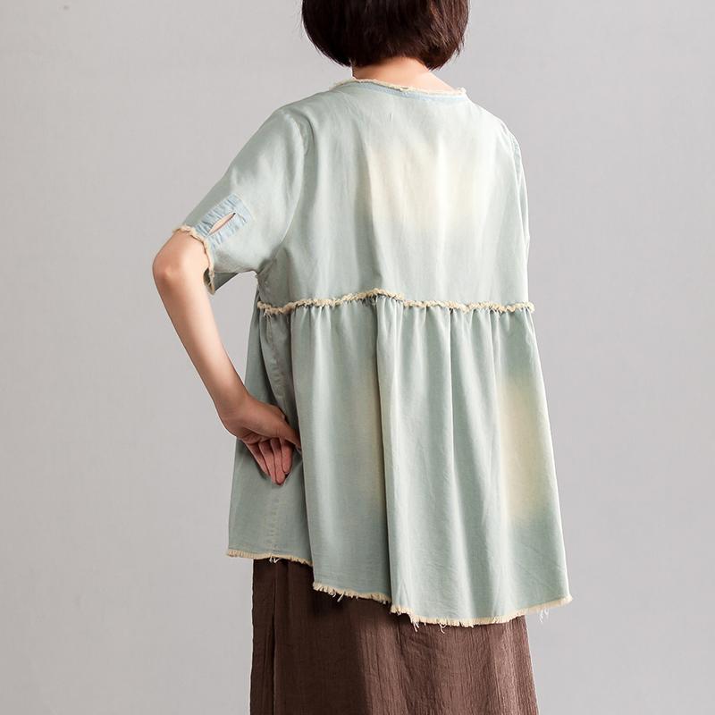 Pure Cotton Blouse Embroidery Summer Short Sleeve Loose Denim Tops