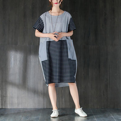 Pure Cotton Dresses Oversized Large Pockets Stripe Cotton Thin Summer Dress