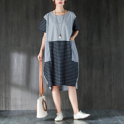 Pure Cotton Dresses Oversized Large Pockets Stripe Cotton Thin Summer Dress