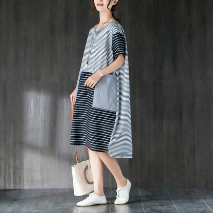 Pure Cotton Dresses Oversized Large Pockets Stripe Cotton Thin Summer Dress