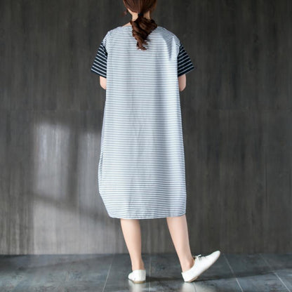 Pure Cotton Dresses Oversized Large Pockets Stripe Cotton Thin Summer Dress
