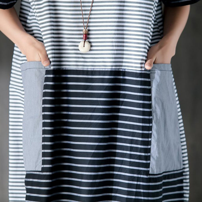 Pure Cotton Dresses Oversized Large Pockets Stripe Cotton Thin Summer Dress