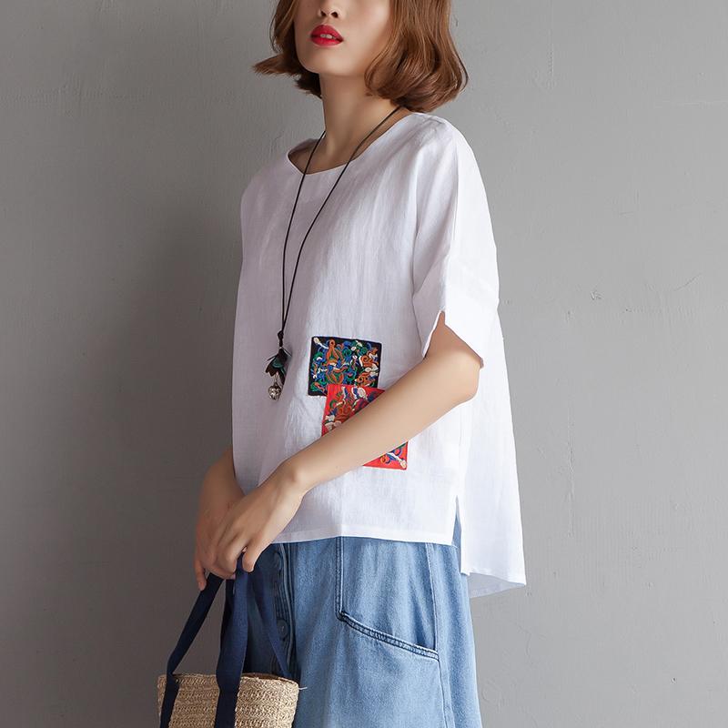 Pure Cotton Linen Tops Embroidery High-low Hem Summer Short Sleeve White Blouse
