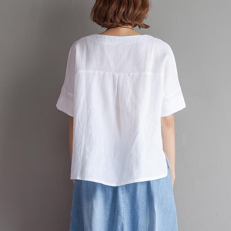 Pure Cotton Linen Tops Embroidery High-low Hem Summer Short Sleeve White Blouse