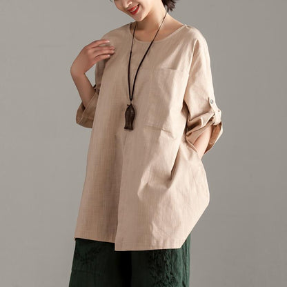 Pure Cotton Tops Oversize Short Sleeve Khaki Pocket Long Tops