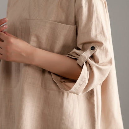 Pure Cotton Tops Oversize Short Sleeve Khaki Pocket Long Tops