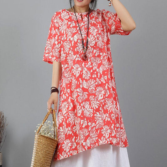 Pure Cotton Blend Tops Printed Cotton Blend Split Orange Red Tops