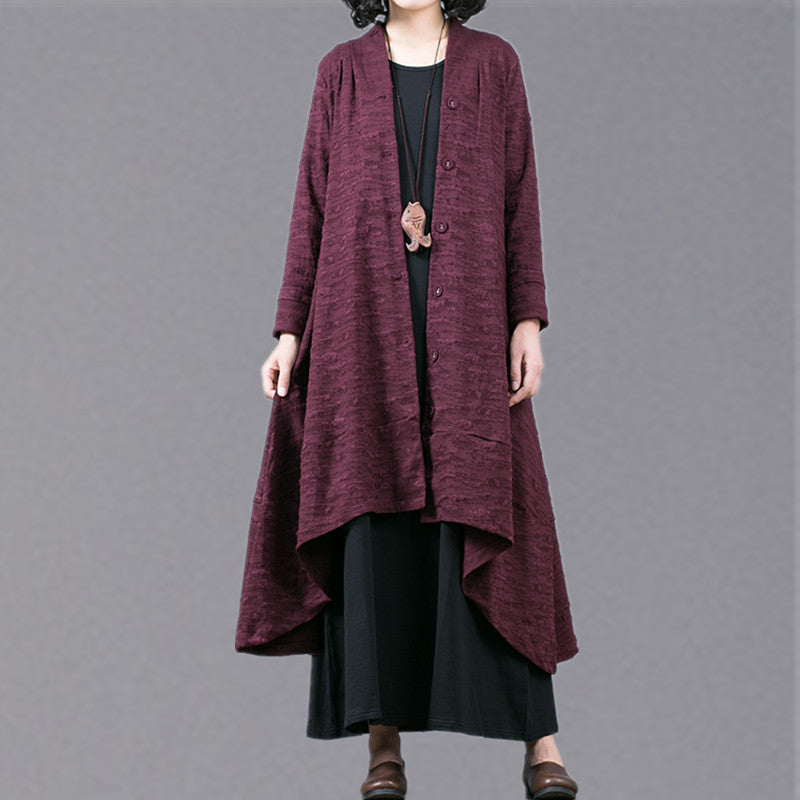 Purple Jacquard Maxi Coat Baggy Large Hem Asymmetrical Design Trench Coat Fine Patchwork Coat