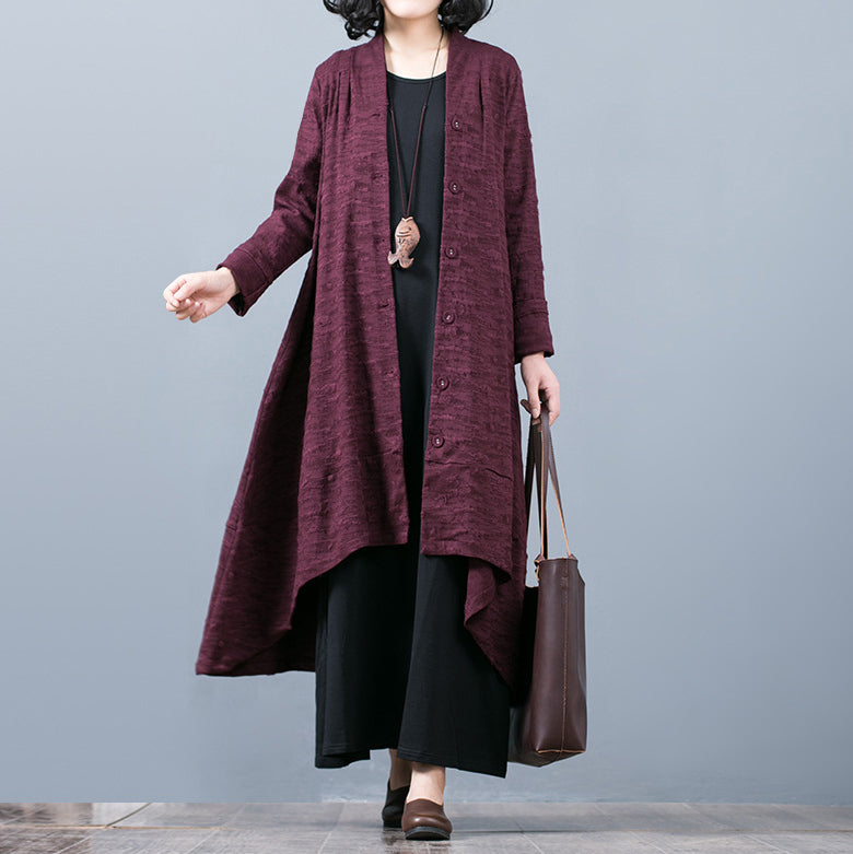 Purple Jacquard Maxi Coat Baggy Large Hem Asymmetrical Design Trench Coat Fine Patchwork Coat